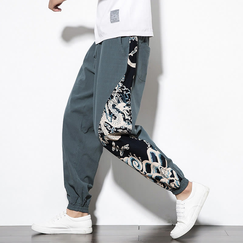 Summer Dragon Waves Cotton Men's Pants With Pockets