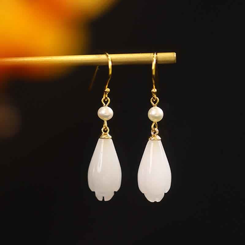 925 Sterling Silver White Jade Magnolia Flower Happiness Drop Earrings