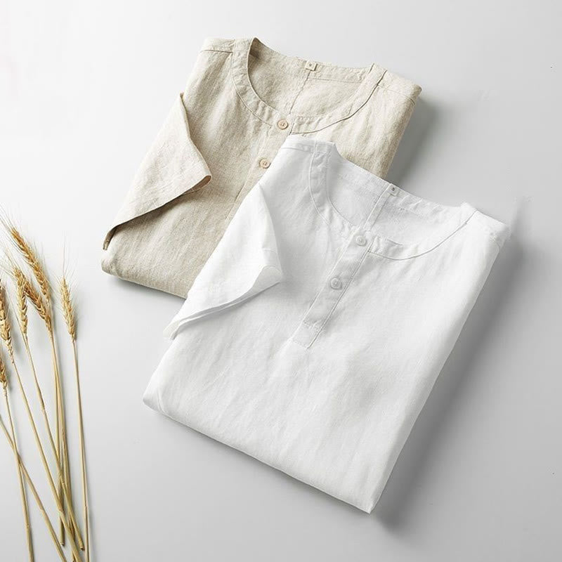 Summer Men's Solid Color Button Short Sleeve Linen Shirt