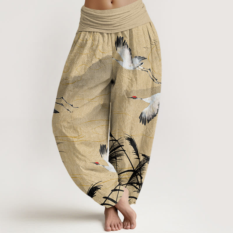 Flying Crane Auspicious Clouds Wild Grasses Mountain Pattern Women's Elastic Waist Harem Pants