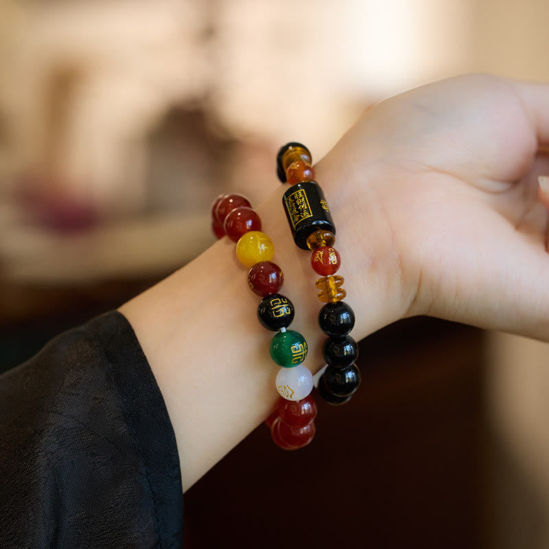 Five Elements Black Onyx Red Agate Wisdom Wealth Bracelet