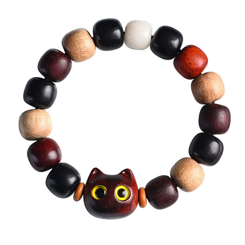 Small Leaf Red Sandalwood Ebony Wood Cute Cat Engraved Protection Bracelet