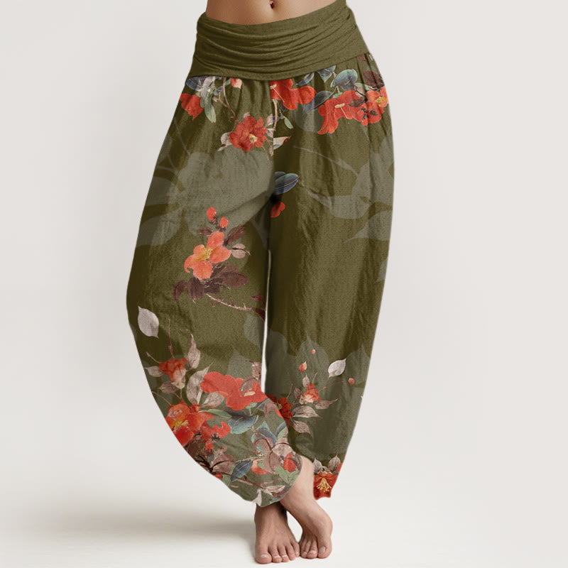 Red Flowers Green Leaves Bird Women's Elastic Waist Harem Pants