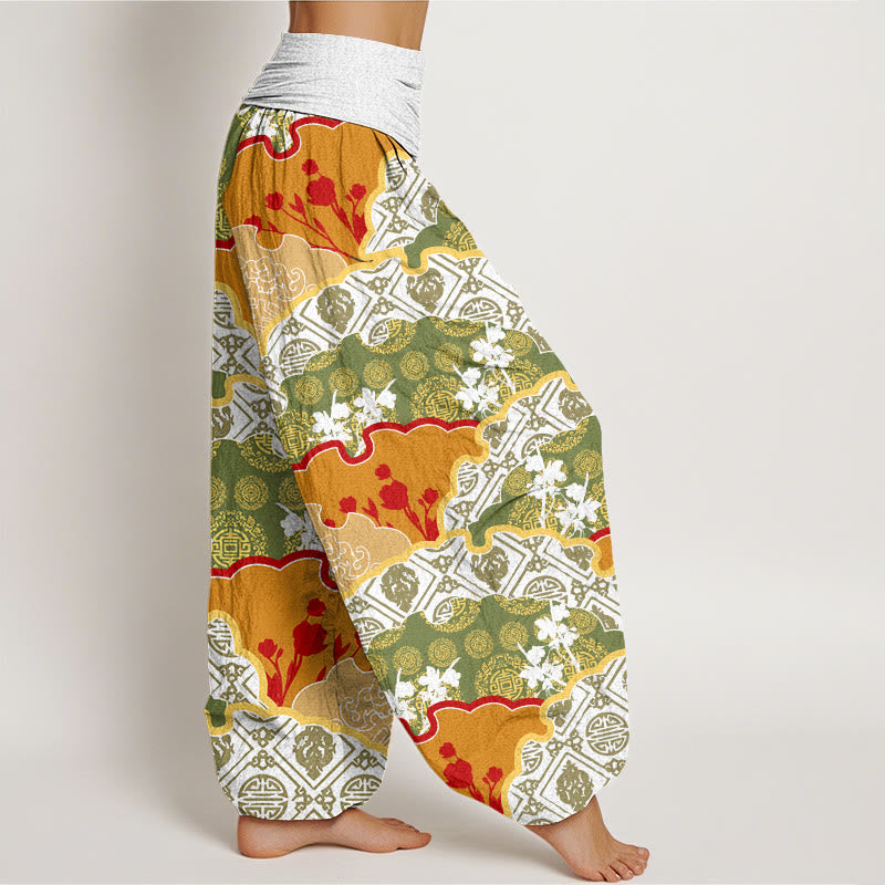 Chinese Fan-shaped Diamond Pattern Design Women's Elastic Waist Harem Pants
