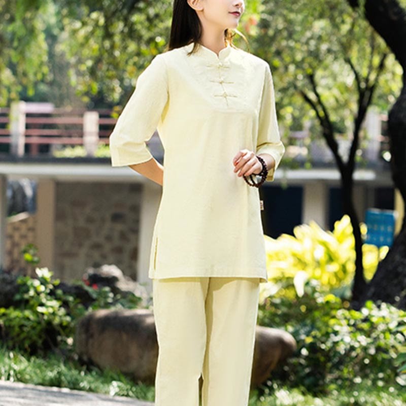 2Pcs Half Sleeve Shirt Top Pants Meditation Zen Tai Chi Cotton Linen Clothing Women's Set