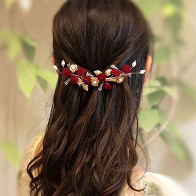 Chinese Oriental Wedding Bridal Red Rose Hair Clip