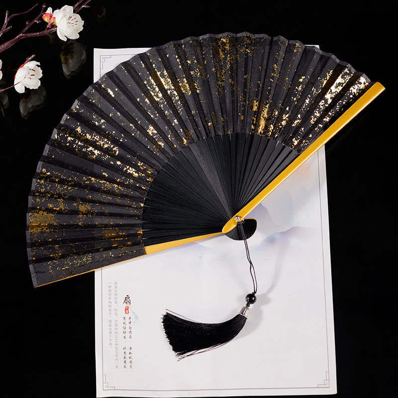 Cranes Auspicious Clouds Solid Color Gradient Handheld Cotton Linen Fabric Bamboo Folding Fan