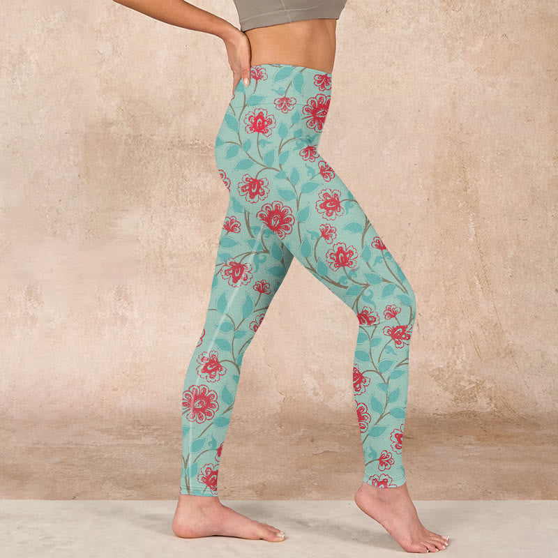 Vine Leaves Blossom Print Gym Leggings Women's Yoga Pants