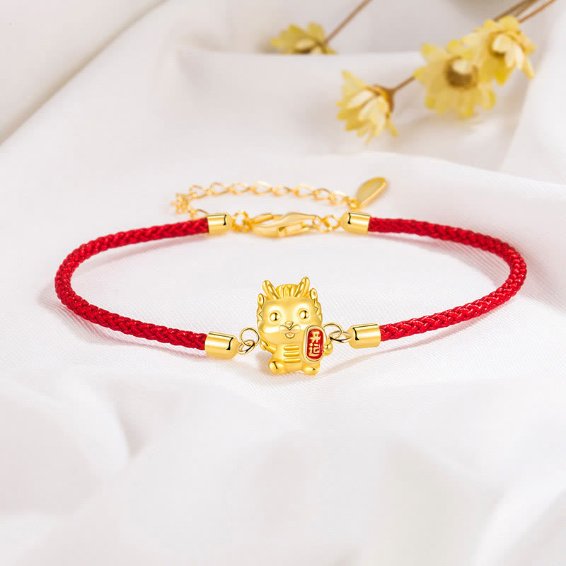 925 Sterling Silver Year Of The Dragon Lucky Golden Dragon Strength Red Rope Chain Bracelet