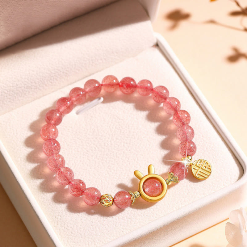 Strawberry Quartz Fu Character Pink Crystal Healing Bracelet