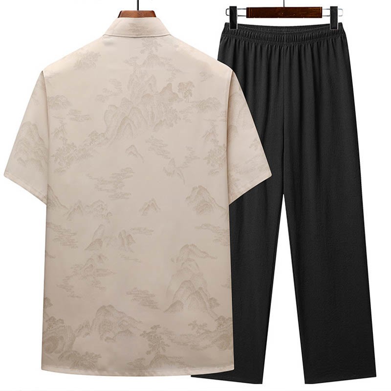 Mountains Trees Tang Suit Hanfu Traditional Uniform Short Sleeve Top Pants Clothing Men's Set