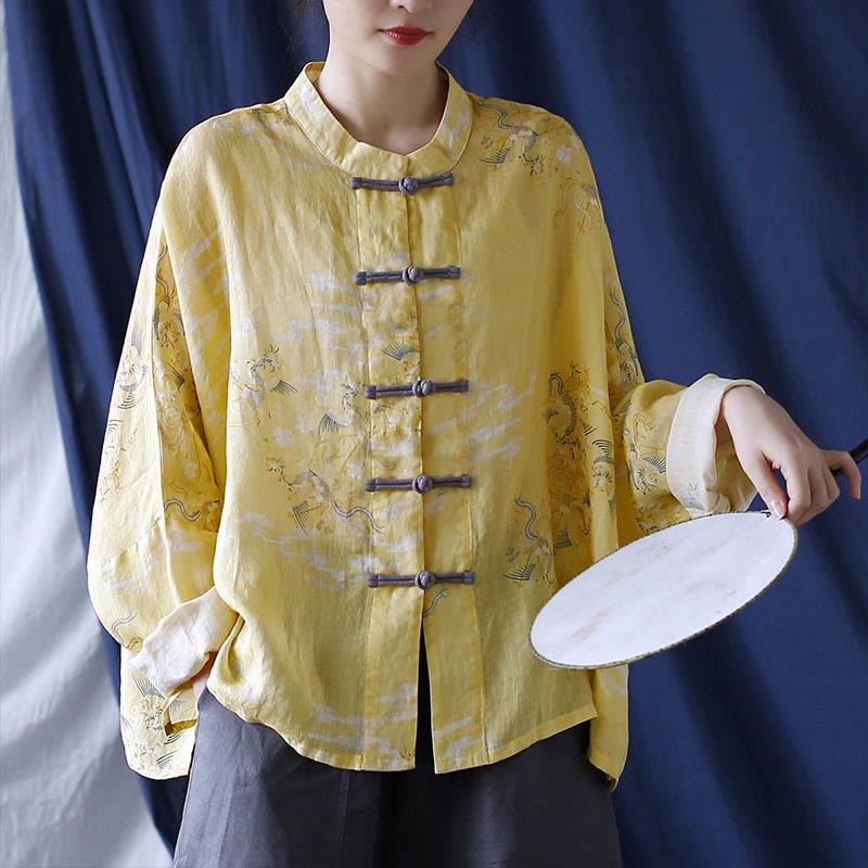 Yellow Phoenix Print Frog-button Design Long Sleeve Ramie Linen Jacket Shirt