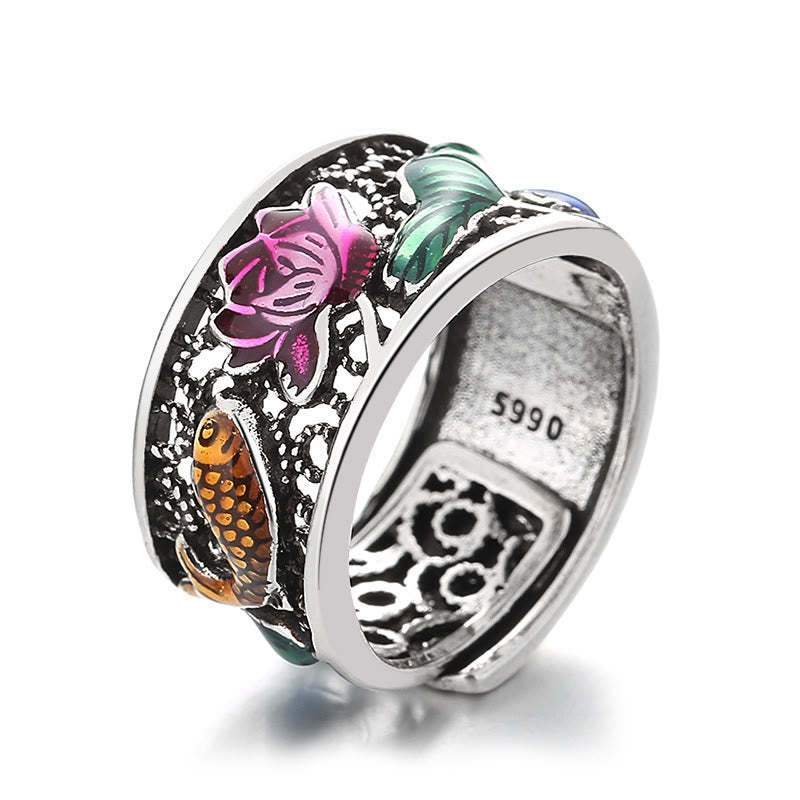Copper Blue Enamel Lotus Heart Sutra Koi Fish Luck Ring