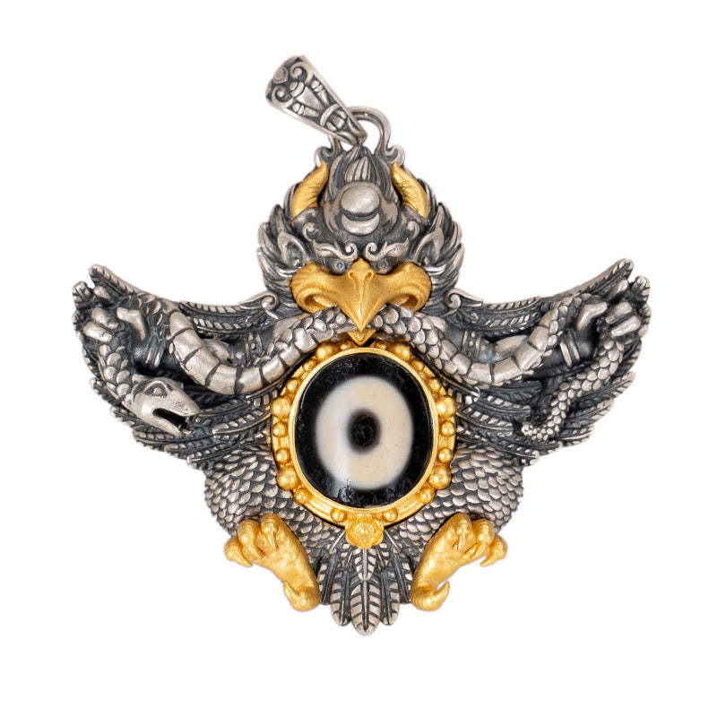925 Sterling Silver Tibet Garuda Bird Dzi Bead Protection Necklace Pendant