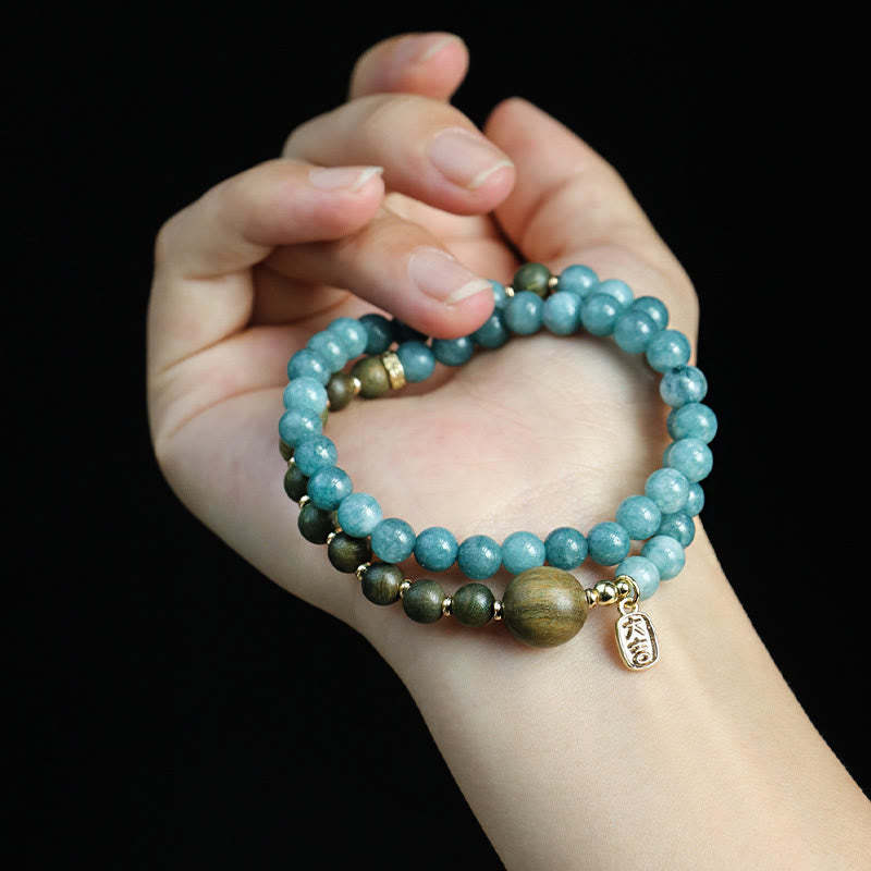 Blue Chalcedony Green Sandalwood Small Leaf Red Sandalwood Double Wrap Emotional Balance Bracelet
