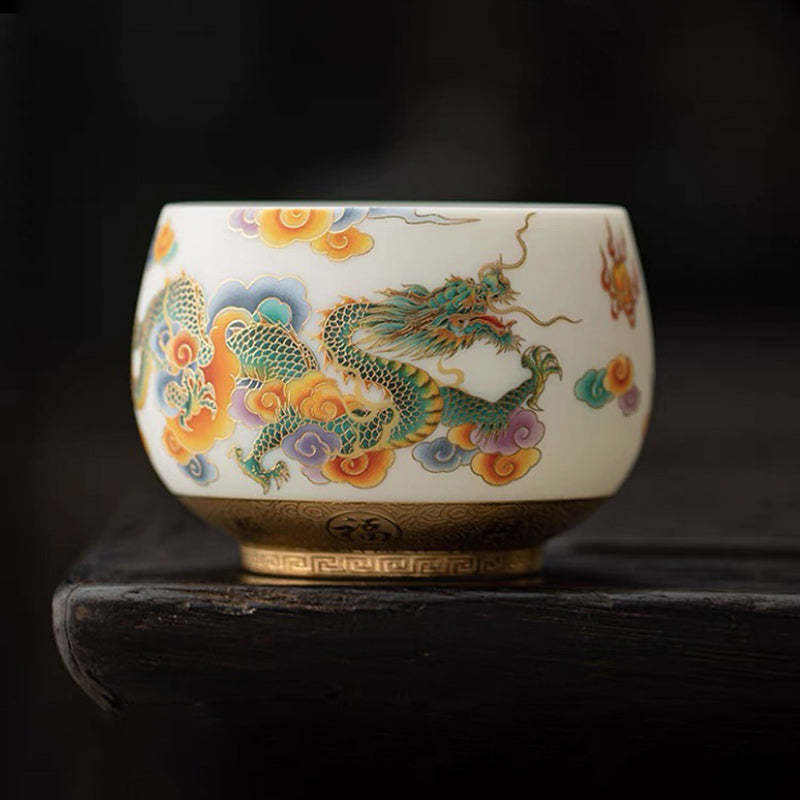 Dragon Phoenix Auspicious Clouds Ceramic Teacup Kung Fu Tea Cup