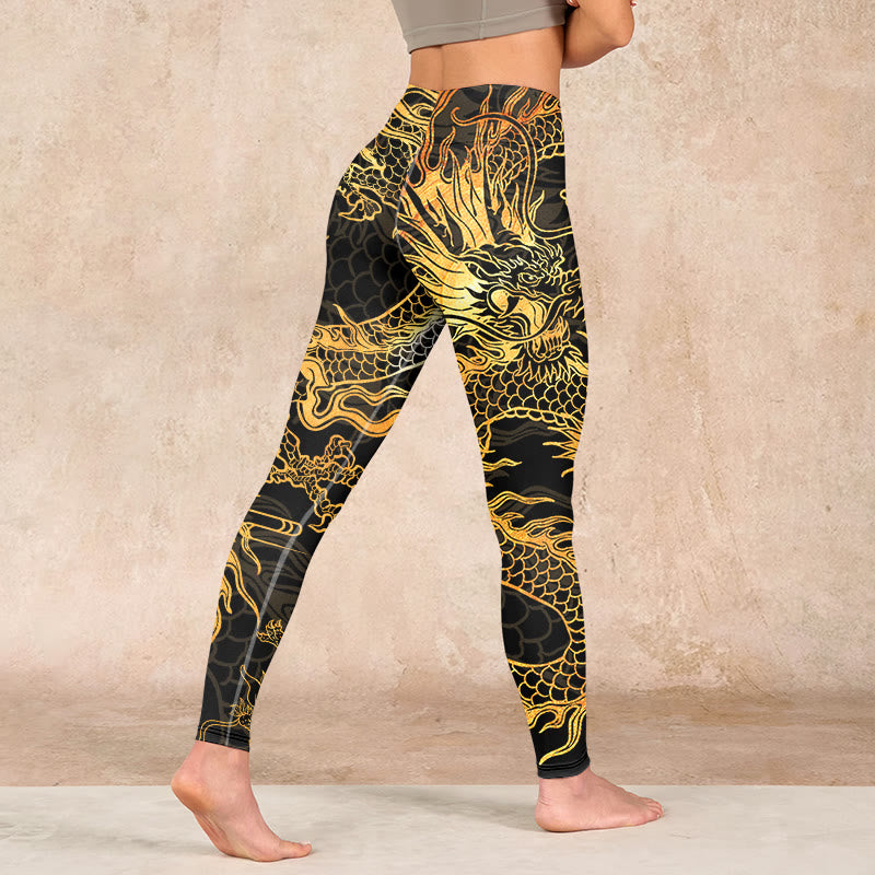 Golden Dragon Print Gym Leggings Women's Yoga Pants