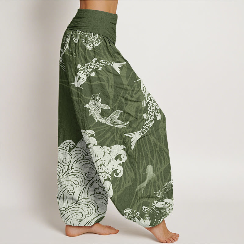 Koi FIsh Lotus Waves Women's Elastic Waist Harem Pants
