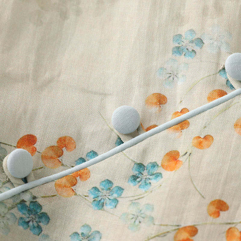 Blue Flowers Orange Leaves Frog-Button Three Quarter Sleeve Cotton Linen Shirt