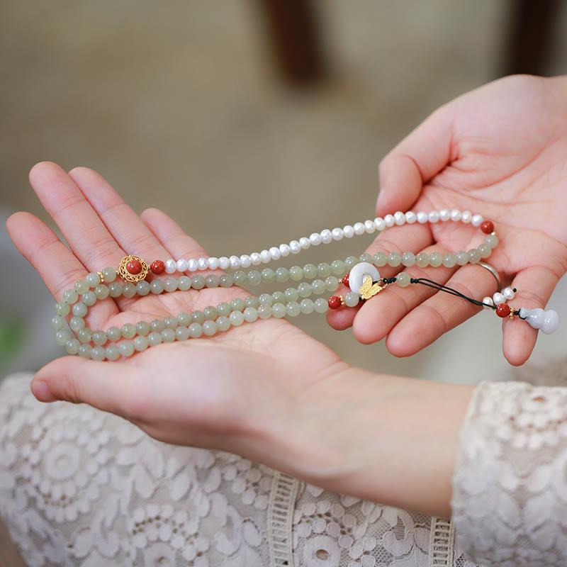 925 Sterling Silver Plated Gold Natural Hetian Jade Pearl Butterfly Gourd Luck Bracelet