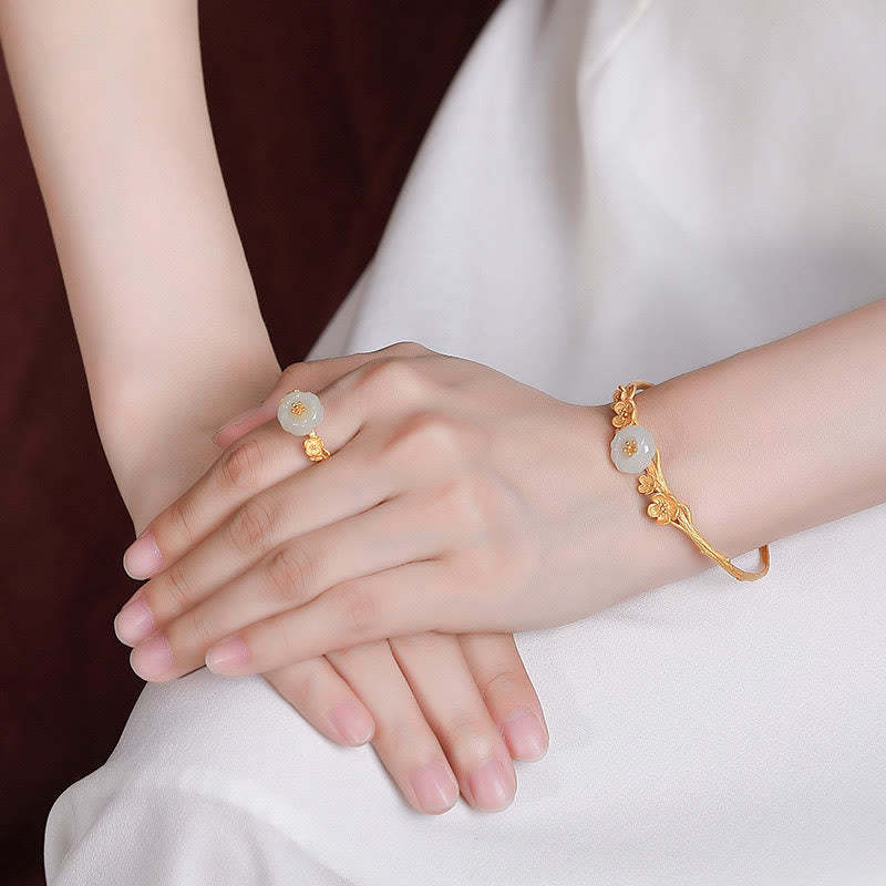 925 Sterling Silver Plated Gold Hetian Jade  Plum Blossom Luck Necklace Pendant Bracelet Bangle Ring