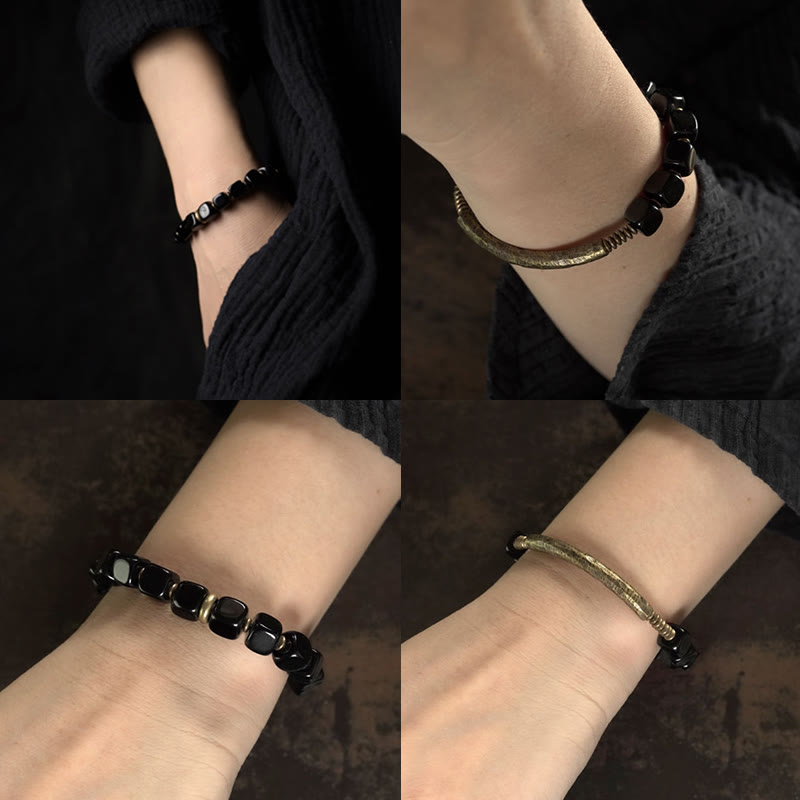 Black Obsidian Crystal Copper Strength Couple Bracelet