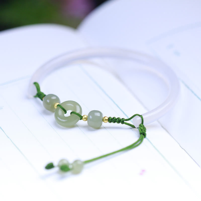 Natural White Agate Hetian Jade Beads Peace Buckle Positive Bracelet Bangle