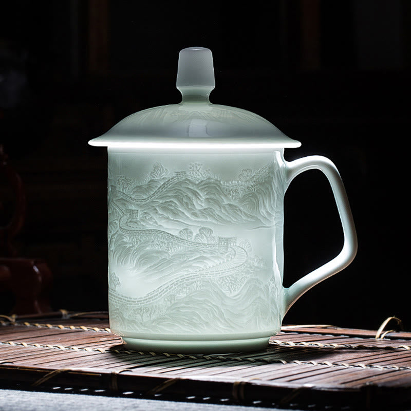 Jingdezhen White Porcelain Handmade Great Wall Landscape Engraved Ceramic Teacup Office Mug Tea Cups