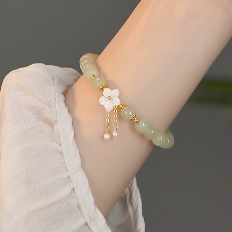 925 Sterling Silver Natural Hetian Jade Luck Flower Bracelet