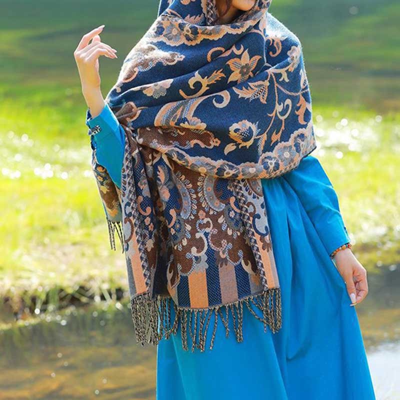 Tibetan Flowers Leaves Branch Design Tassel Shawl Cozy Travel Scarf Wrap