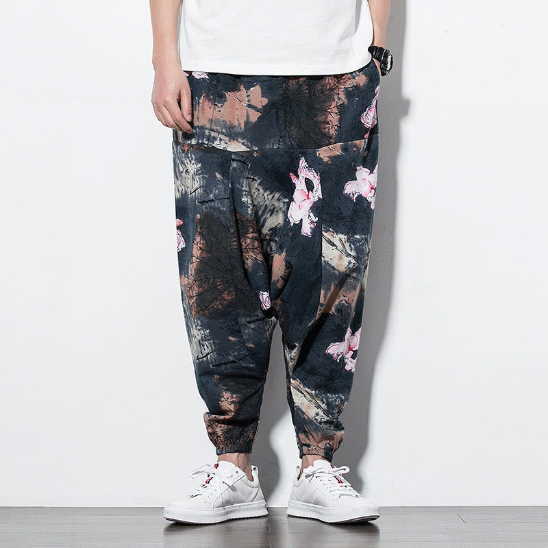 Pink Lotus Ink Painting Print Cotton Men's Long Cropped Harem Pants With Pockets