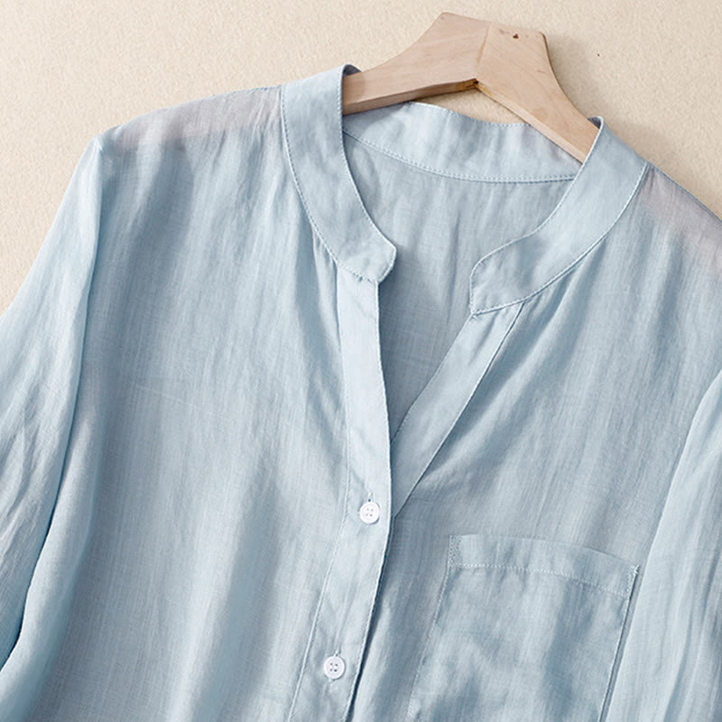 Casual Plain Women's V-Neck Design Three Quarter Sleeve Cotton Viscose Shirt