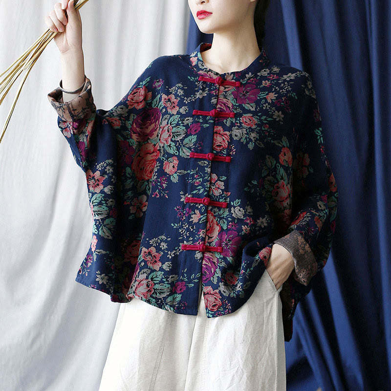 Red Flowers Green Leaves Print Frog-button Design Long Sleeve Cotton Linen Jacket Shirt