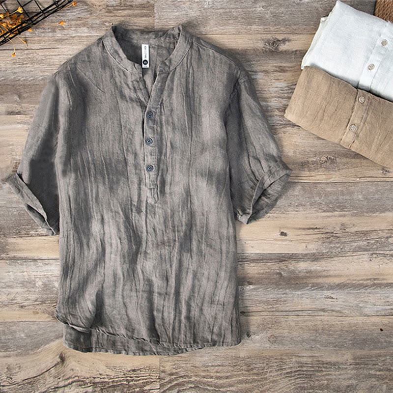 Solid Color Short Sleeve Half Button Shirt Linen Men Clothing
