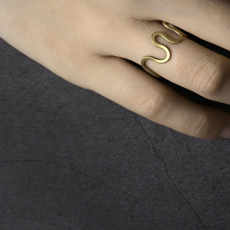 Simple Curved Brass Design Copper Luck Wealth Adjustable Ring
