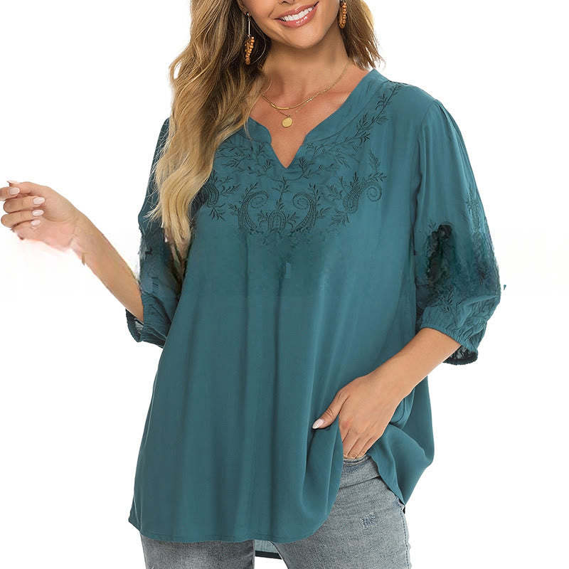 Casual Solid Color Embroidery Flower Three Quarter Sleeve V-Neck Cotton Women's T-Shirt