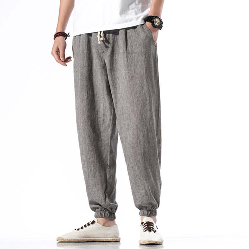 Casual Solid Color Drawstring Linen Men's Pants With Pockets