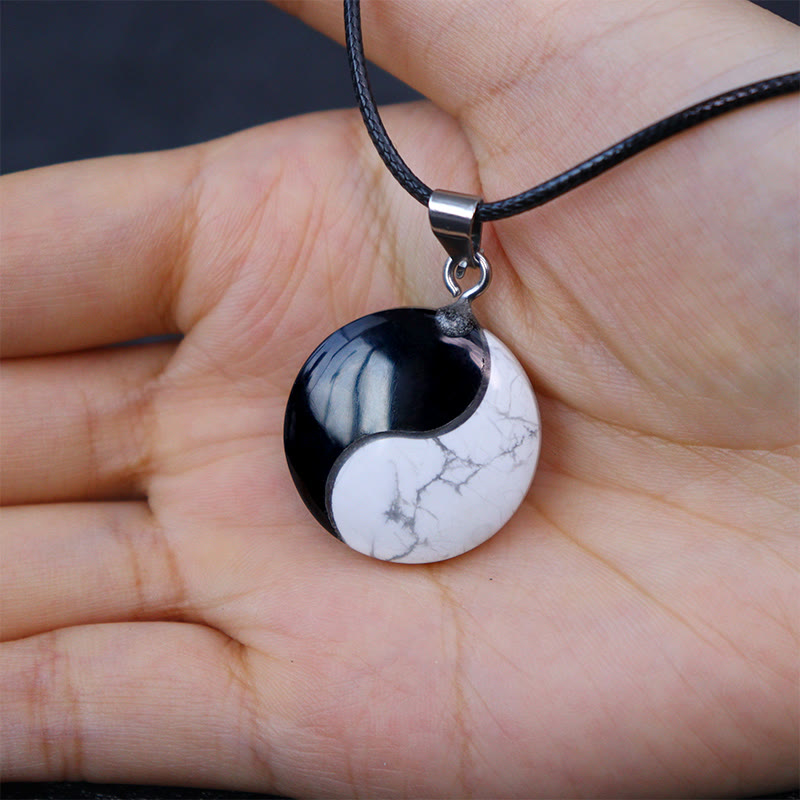 Natural Black Obsidian White Turquoise Yin Yang Transformation Rope Necklace Pendant
