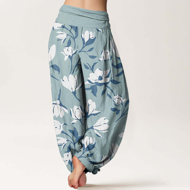 Retro Magnolia Flowers Women's Elastic Waist Harem Pants