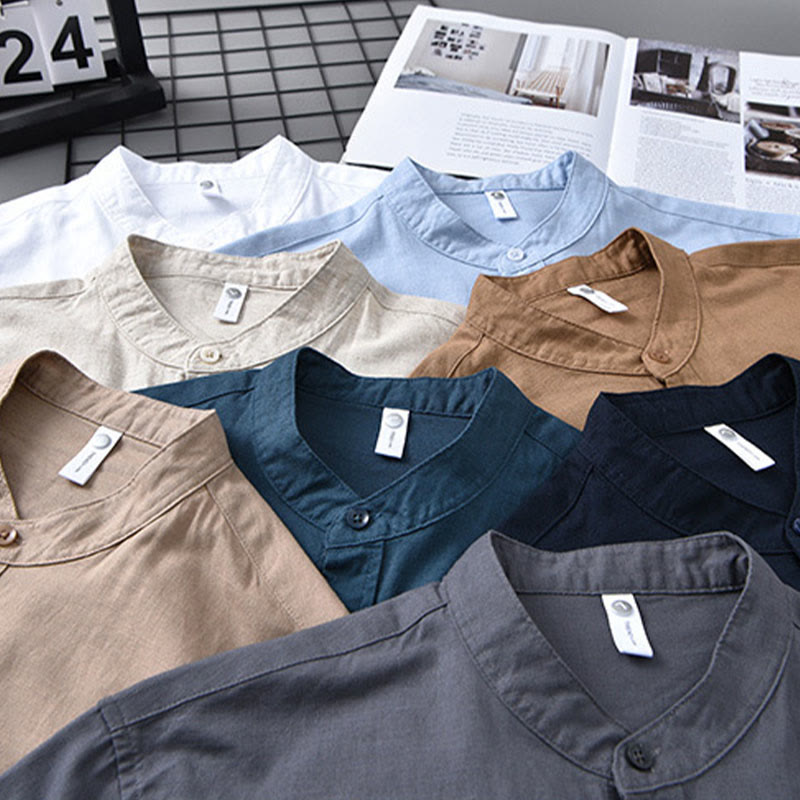 Men's Long Sleeve Stand Collar With Pocket Pure Color Casual Cotton Linen Shirt