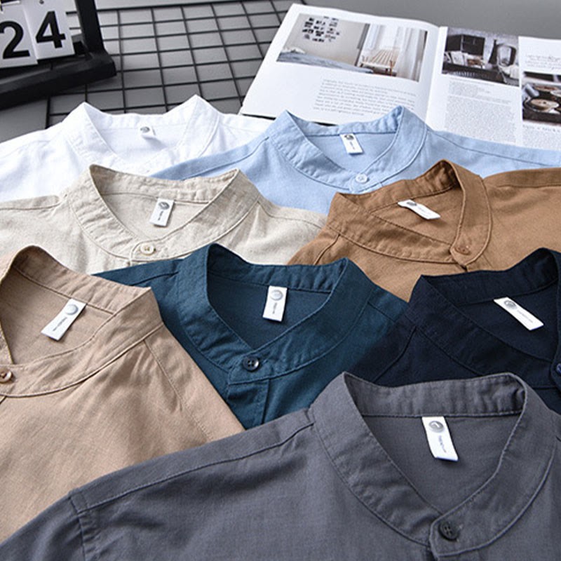 Men's Long Sleeve Stand Collar With Pocket Pure Color Casual Cotton Linen Shirt