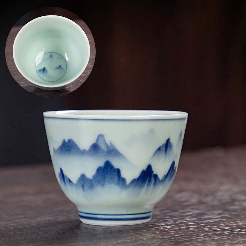 Blue Landscape Mountains Lotus Cute Cat Pavilions Magnolia Reed Egrets Ceramic Teacup Small Kung Fu Tea Cup