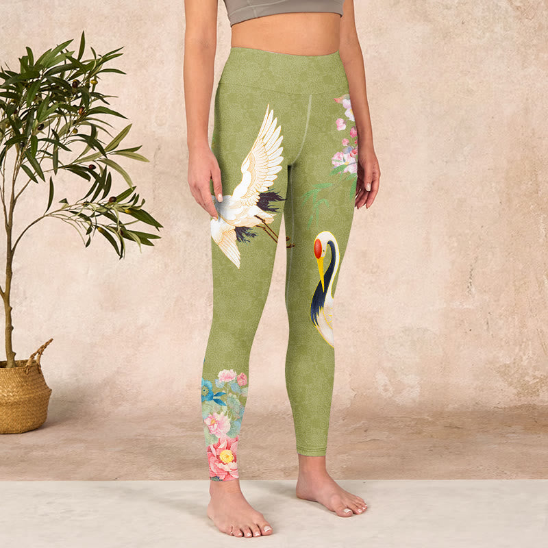 Hibiscus Birds Bamboo Print Gym Leggings Women's Yoga Pants