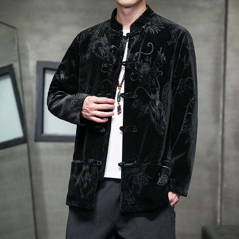 Men's Frog-button Tang Suit Dragon Pattern Lisvelte Cotton Jacket Shirt With Pockets