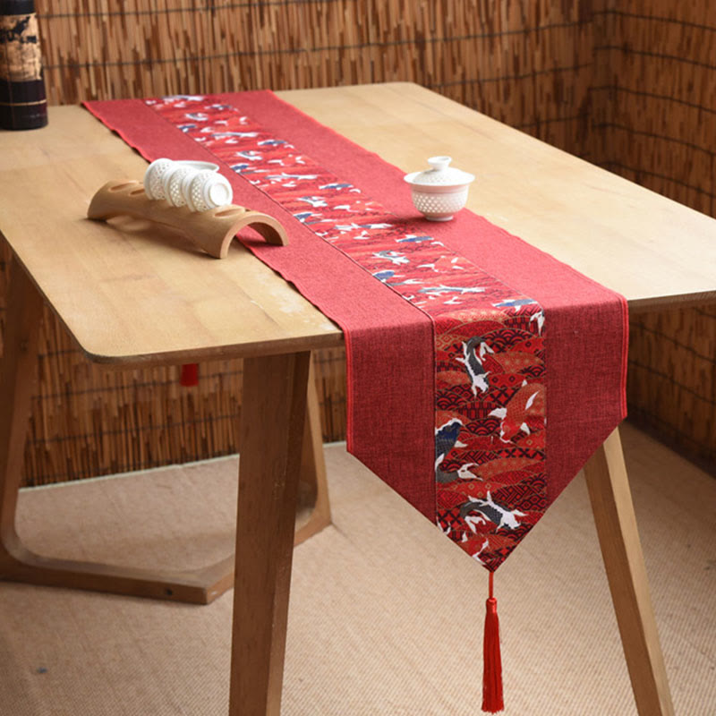 Classic Chinese Style Lotus Koi Fish Flower Crane Calligraphy Enlightenment Cotton Linen Tassels Table Runner