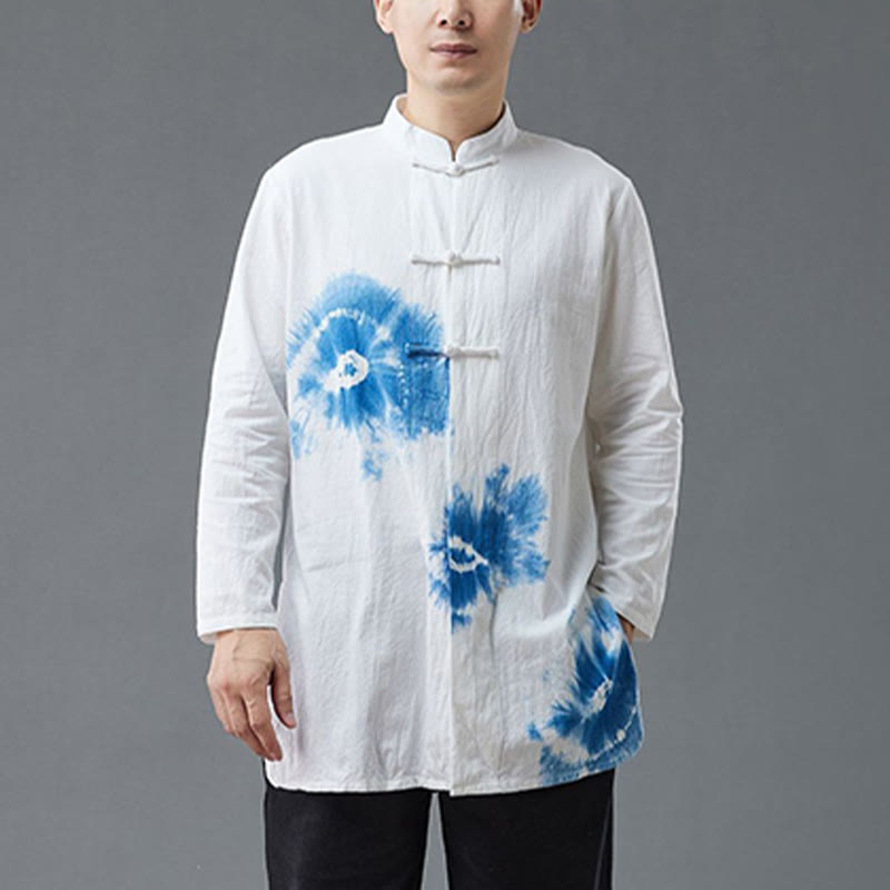 Men's Frog-Button Chinese Tang Suit Tie Dye Gradient Flowers Shirt Cotton Linen Clothing