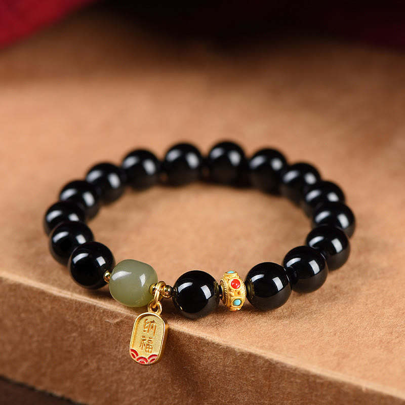 Black Onyx Hetian Jade Bead Lucky Fortune Charm Bracelet