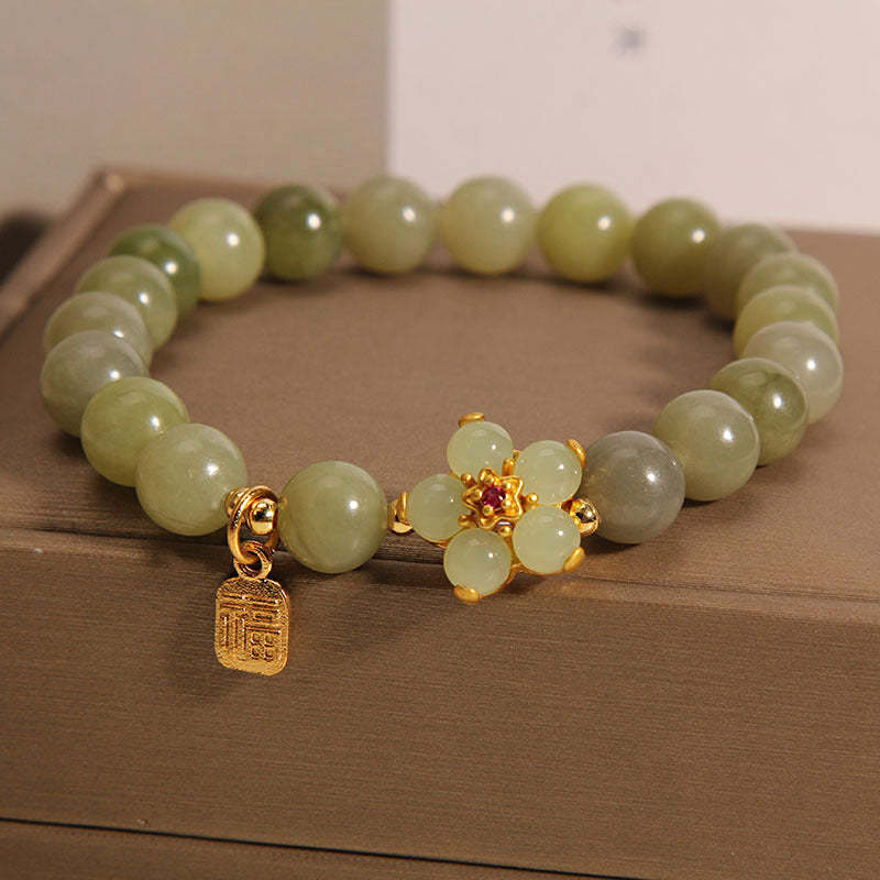 Green Jade Flower Fu Character Charm Luck Bracelet