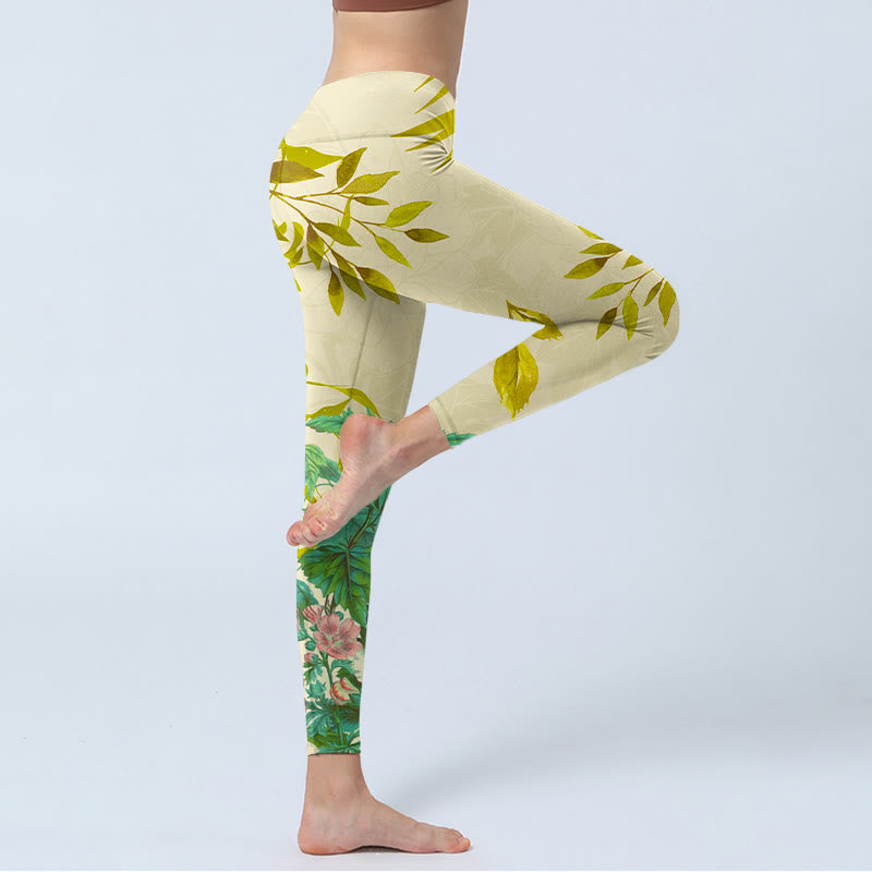 Golden Green Leaves Colorful Flowers Gym Leggings Women's Yoga Pants