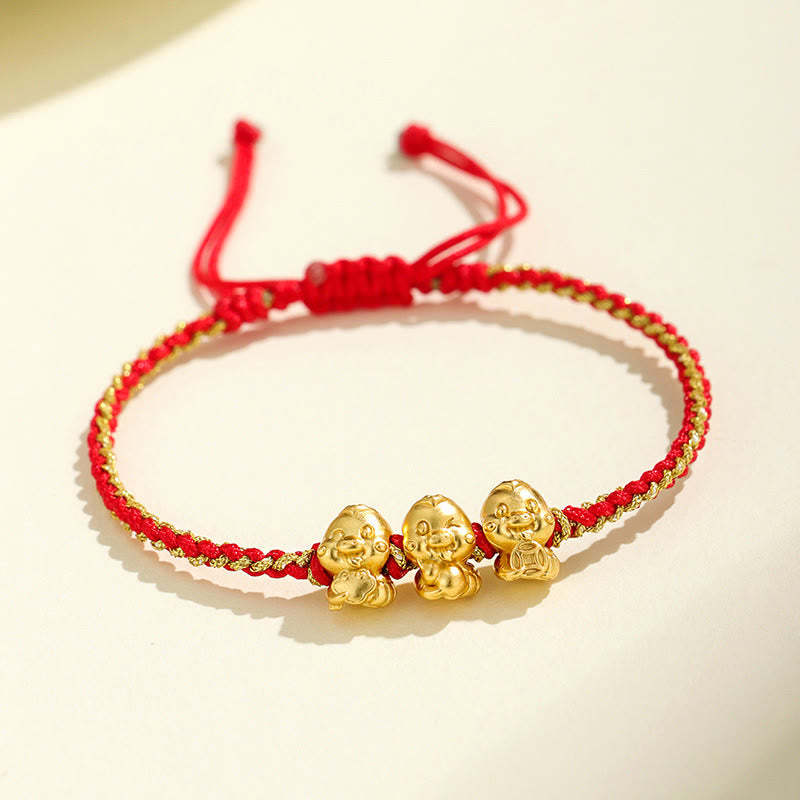 Handmade 999 Sterling Silver Golden Year Of Snake Fu Auspicious Clouds Ingot Copper Coins Red String Fortune Braided Bracelet